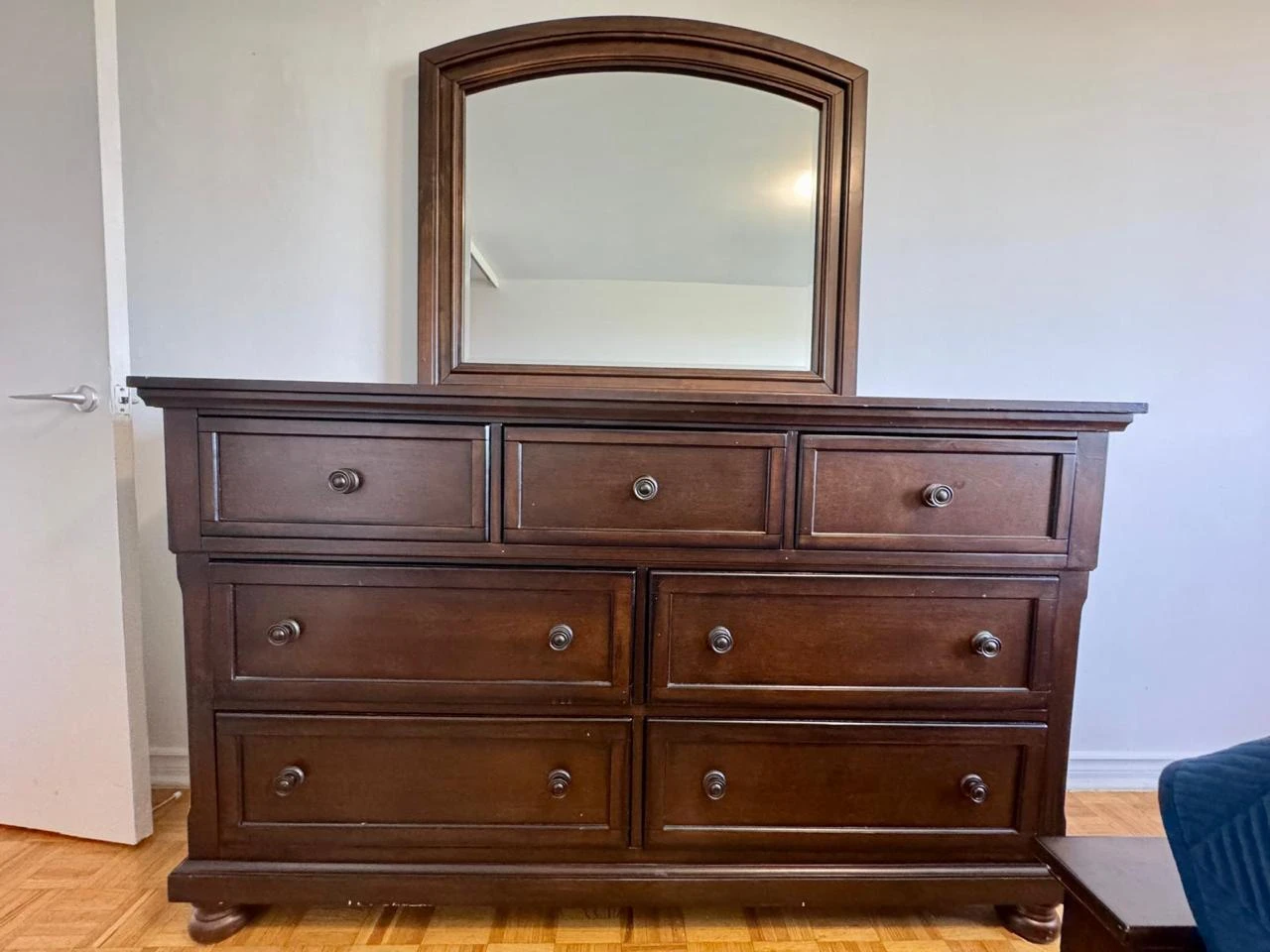 Dark Wood Queen Bed Frame and Matching Dresser with Mirror