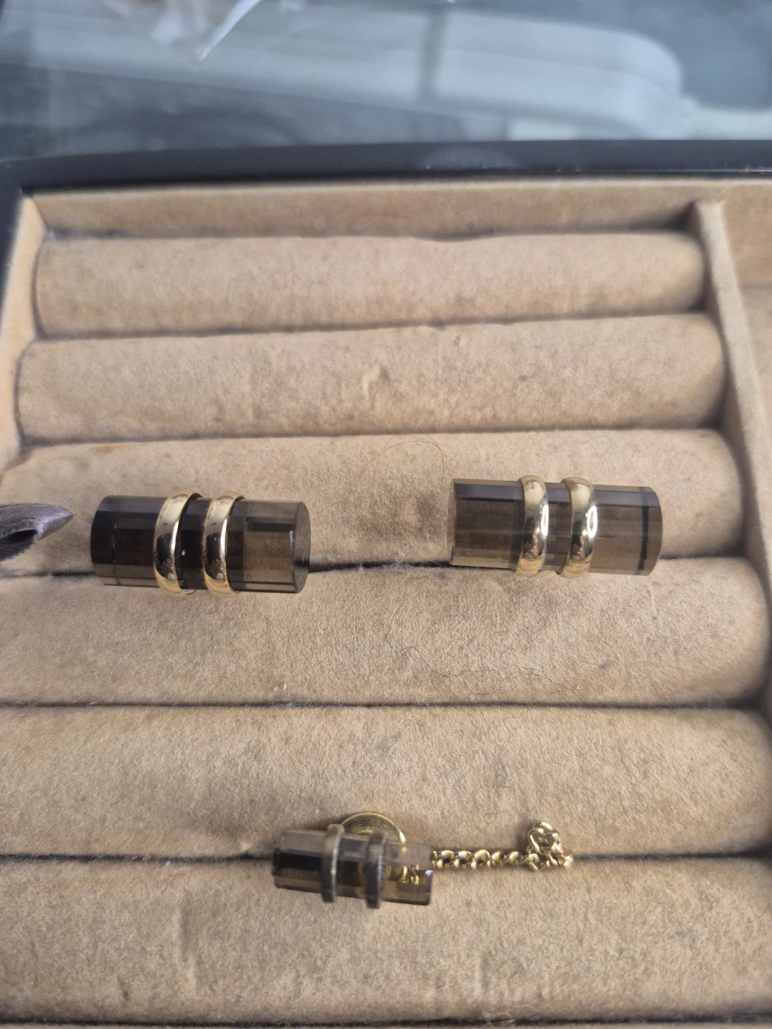 Smoky Quartz and Gold-Tone Cufflinks and Tie Tack Set