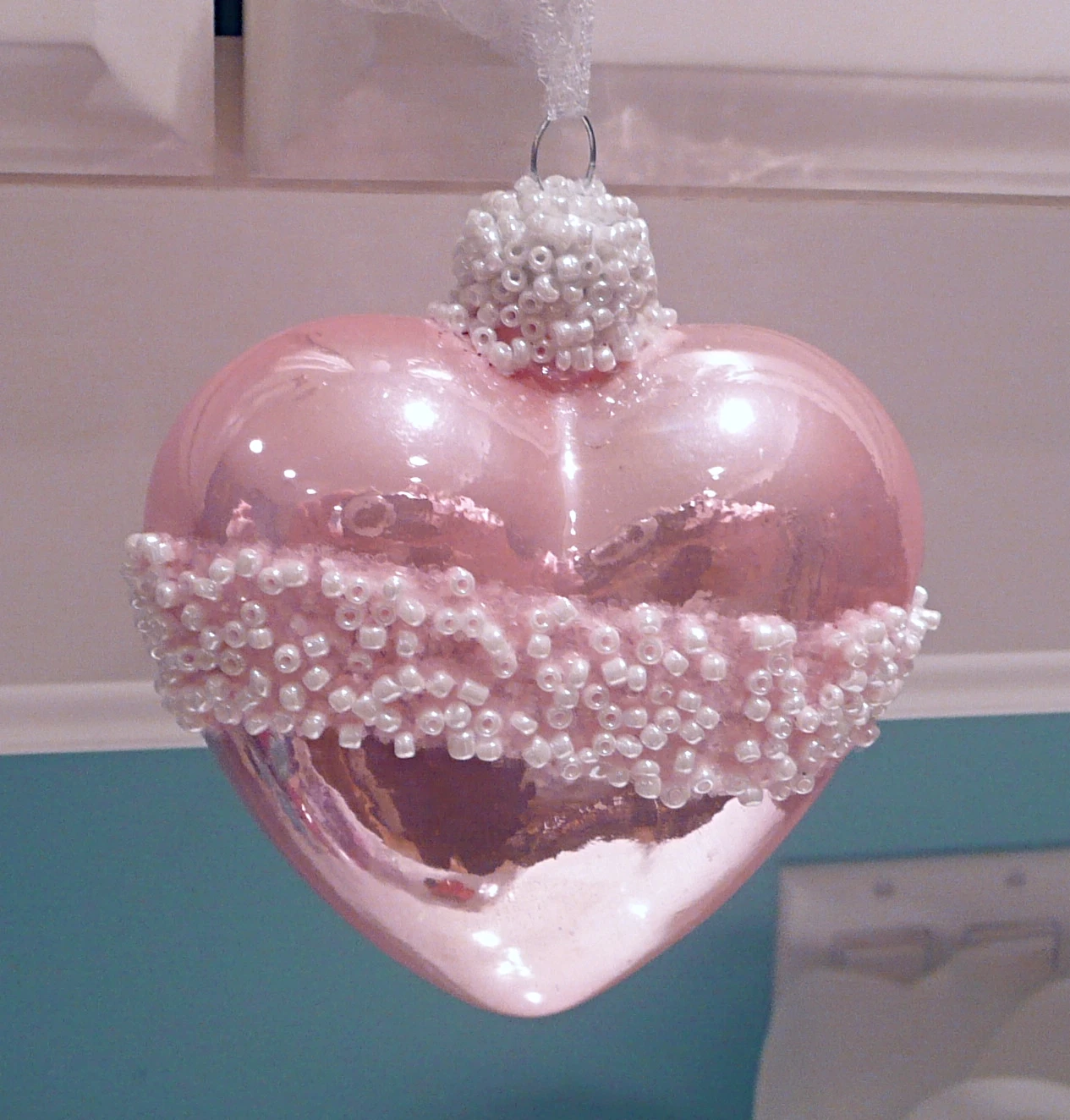 Pretty Christmas beaded heart hanging tree ornament.  3".