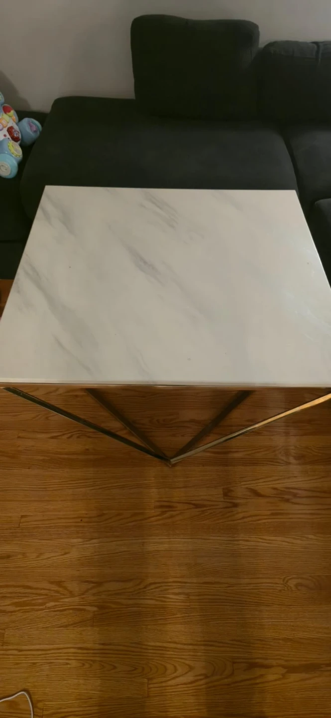 White Marble-Look Coffee Table with Gold Geometric Base - photo 2
