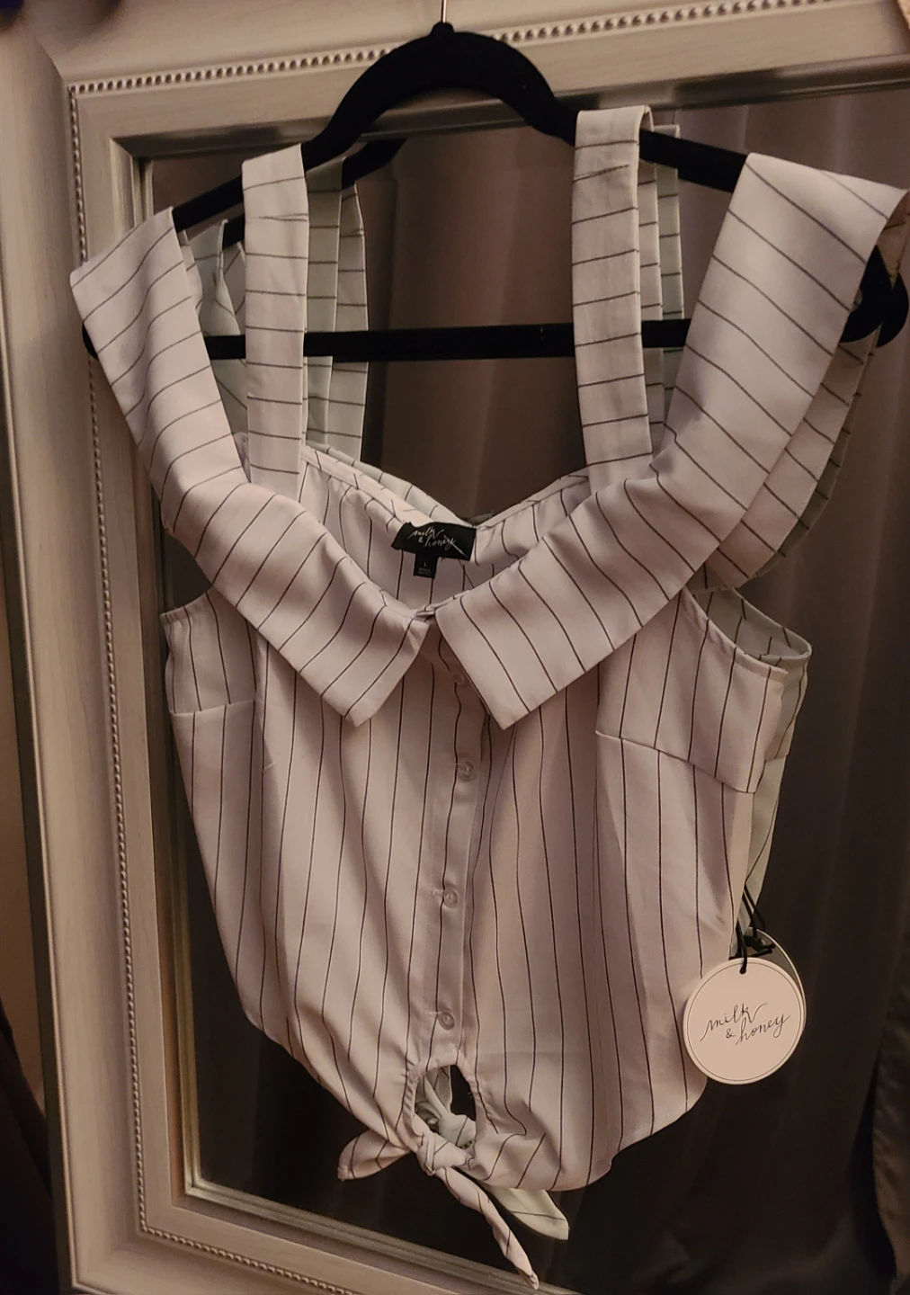 Milk & Honey Striped Off-Shoulder Tie-Front Top