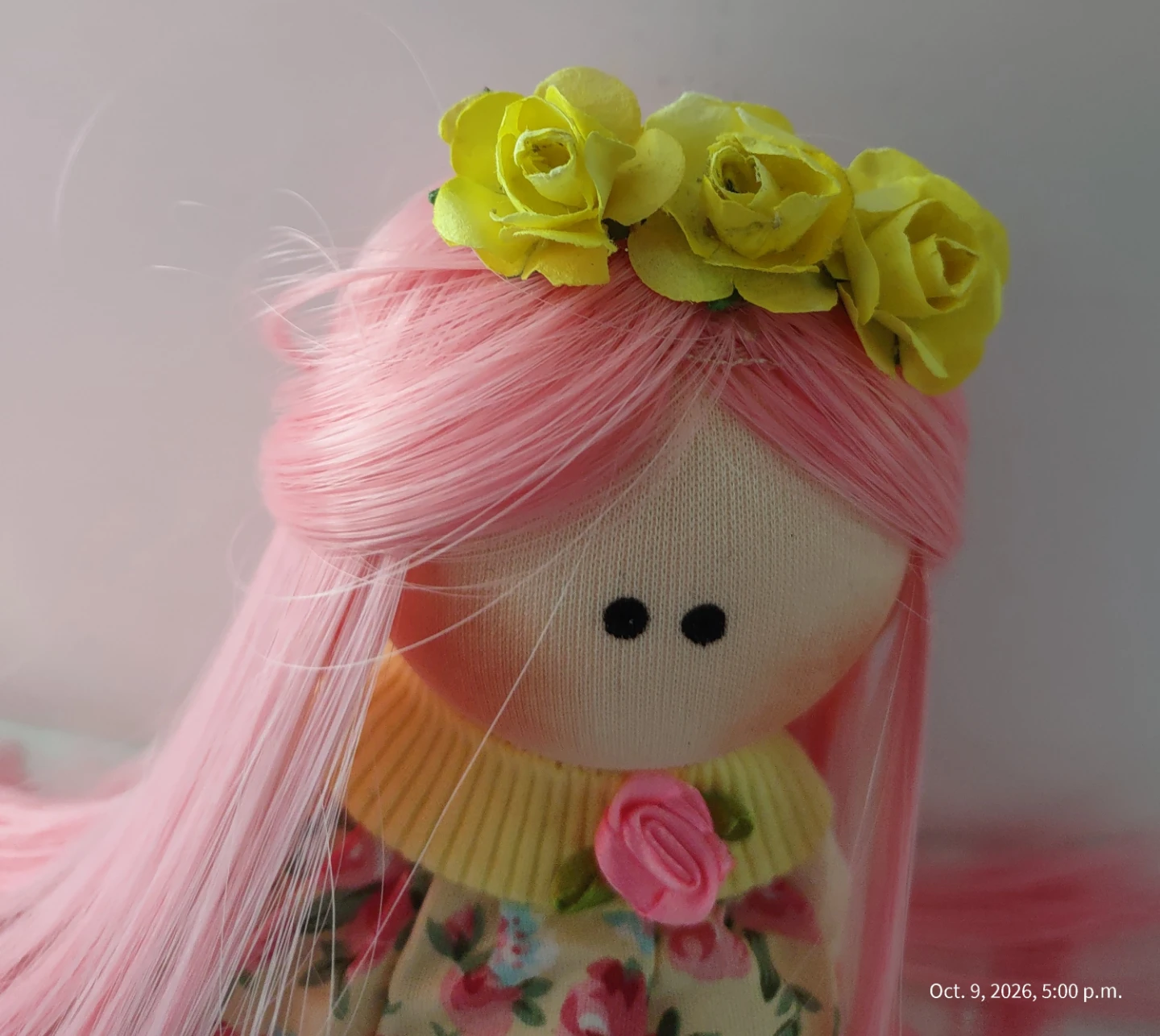 Handcrafted mini Cloth Doll with Pink Hair - photo 3