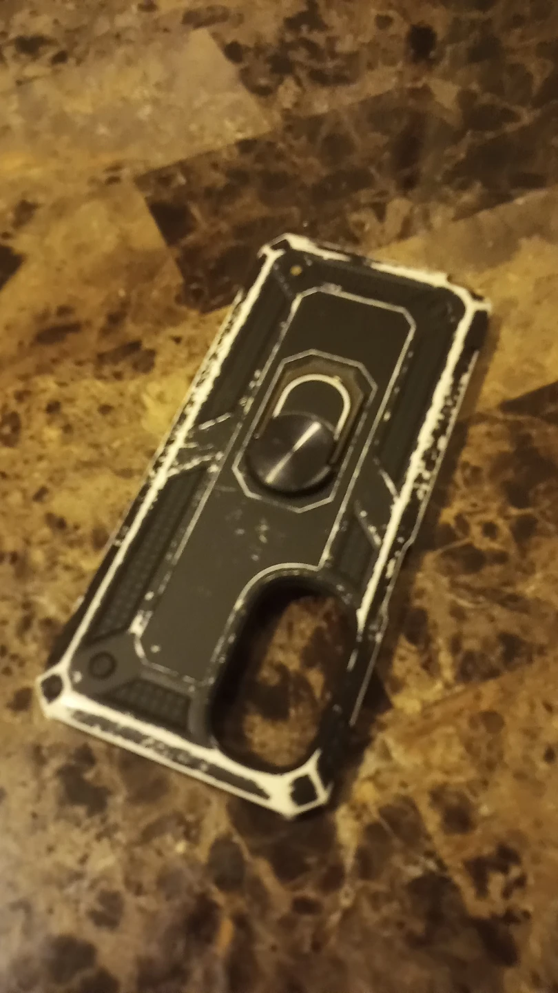 Black and white protective phone case with ring stand
