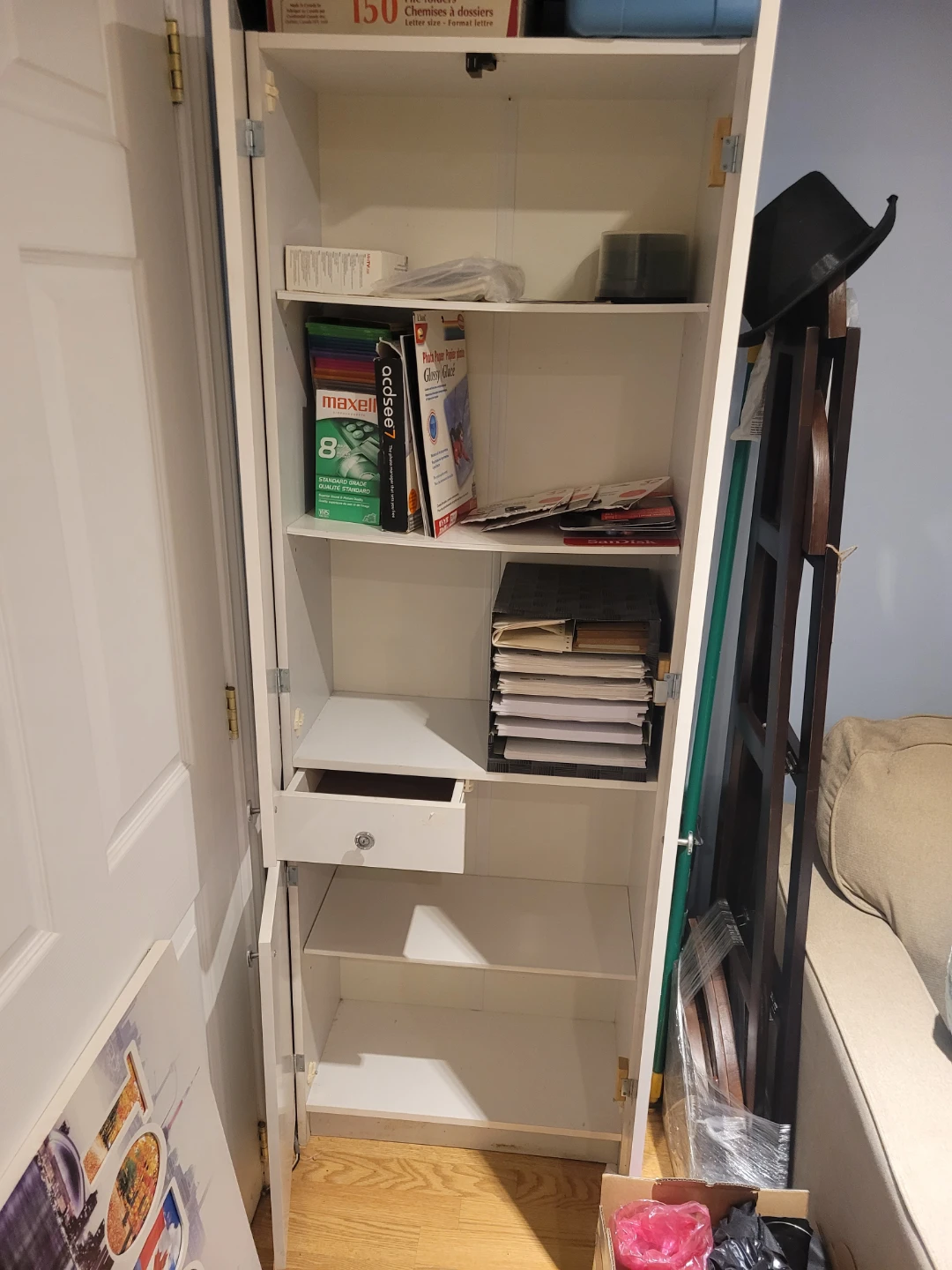 Tall White Slim Storage Cabinet with Mirror - photo 2