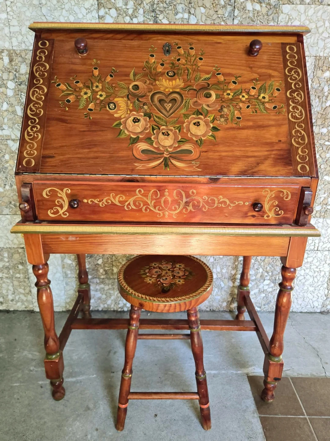 Hand Painted Floral Them Drop Down Walnut Secretary Desk