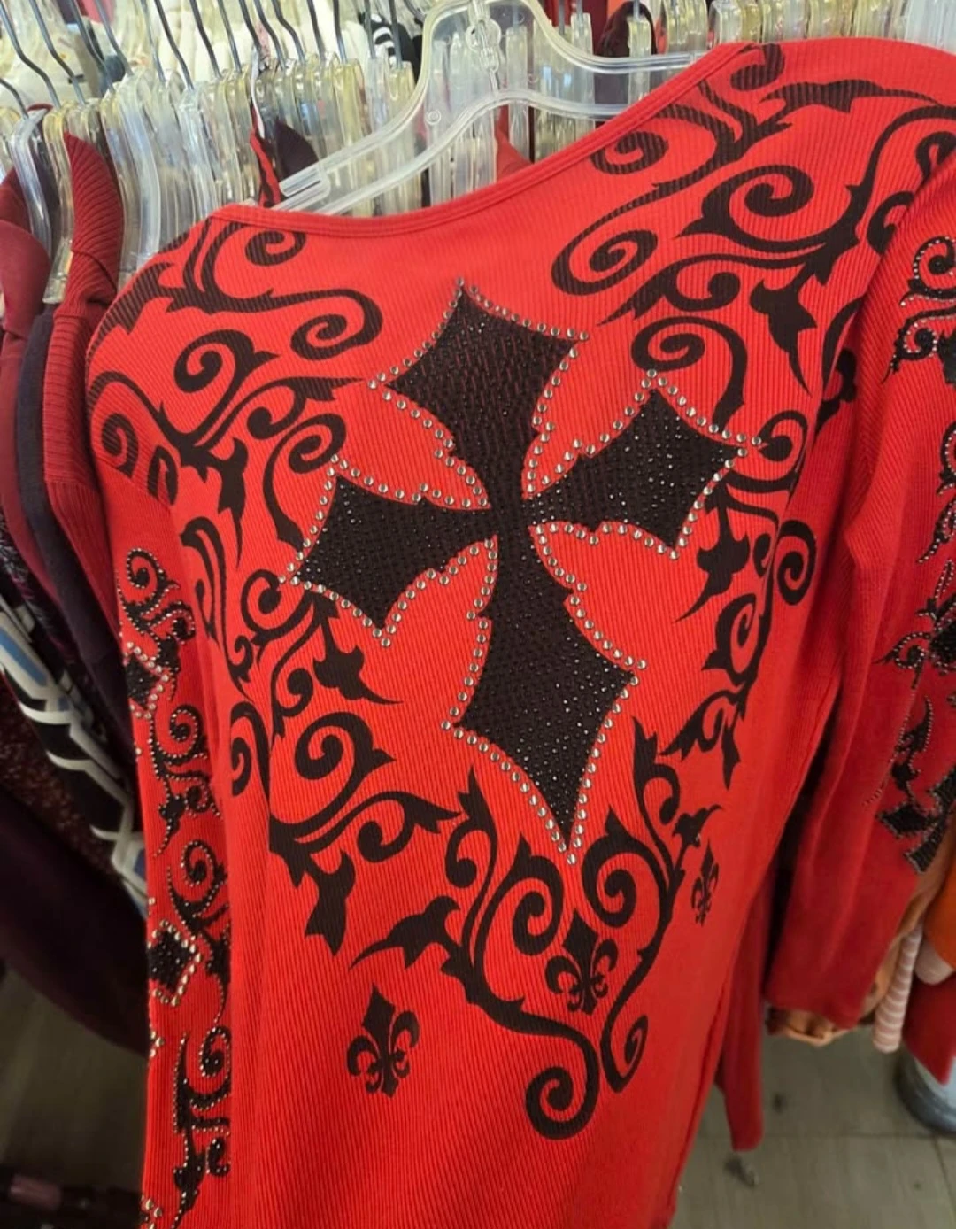 Red Rhinestone Cross Ribbed Long Sleeve Shirt