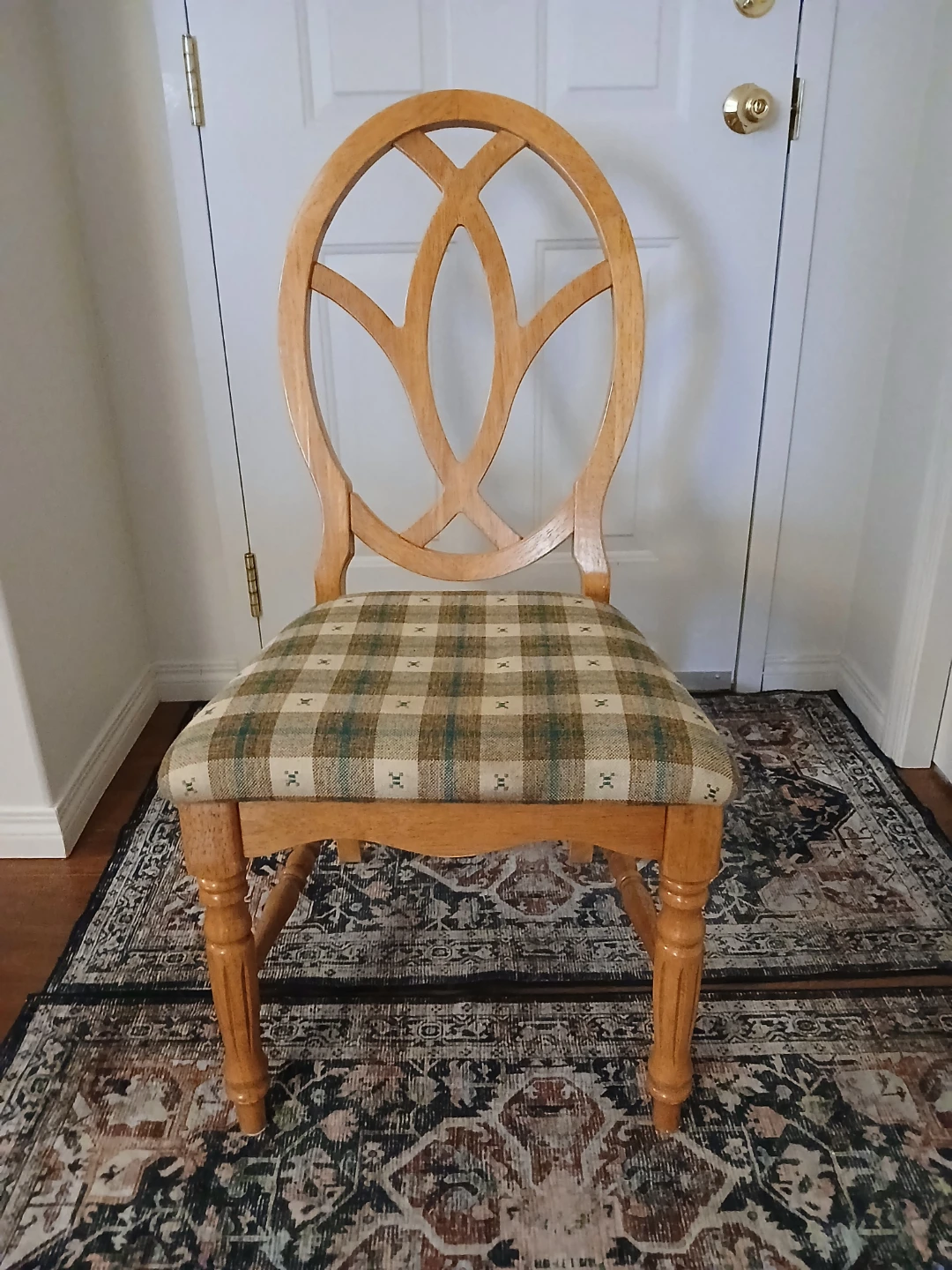Wooden Dining Chair with Plaid Fabric Seat