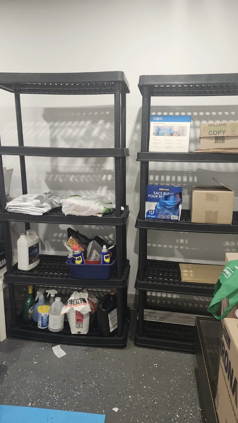 Two 5-Tier Black Plastic Storage Shelving Units