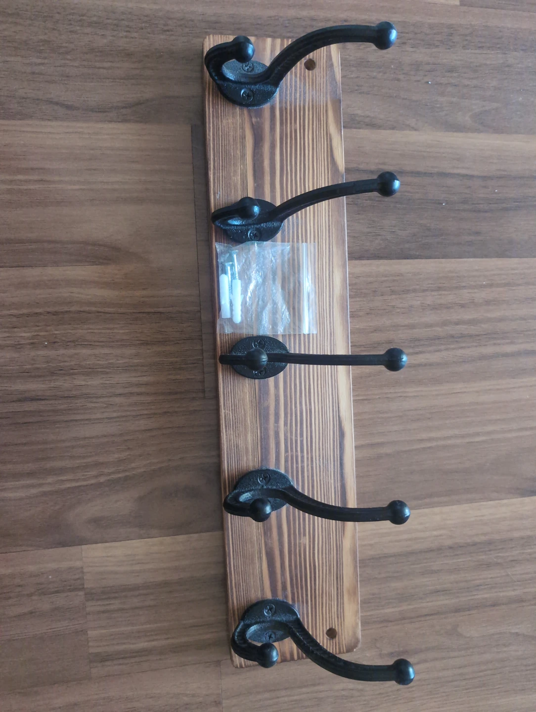 Rustic Wood Wall Hook Rack with 5 Black Hooks