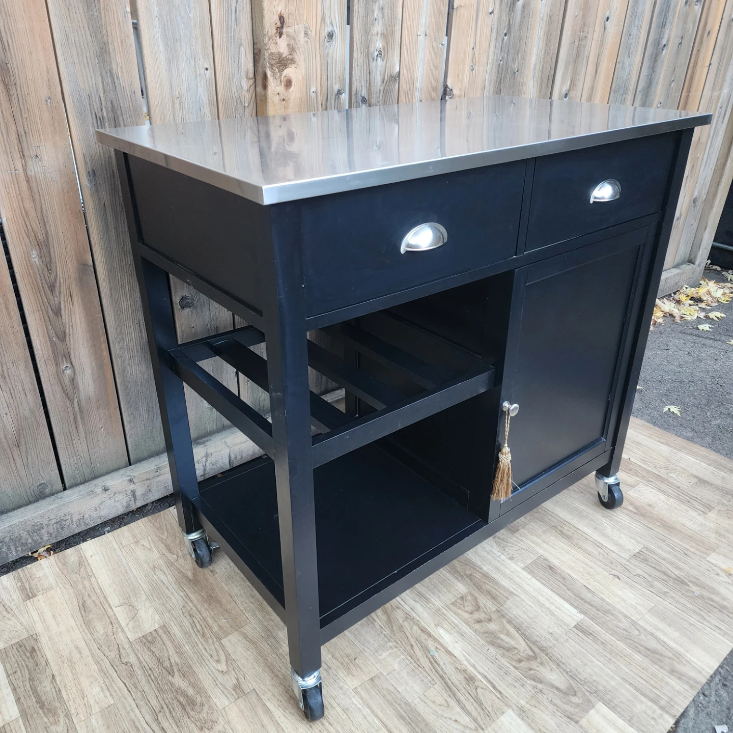 Black Rolling Kitchen Island with Stainless Steel Top