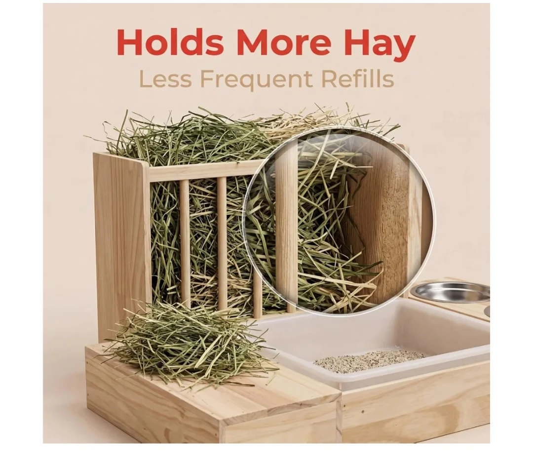 3-in-1 Wooden Pet Hay Feeder, Litter Box, and Bowls - photo 3