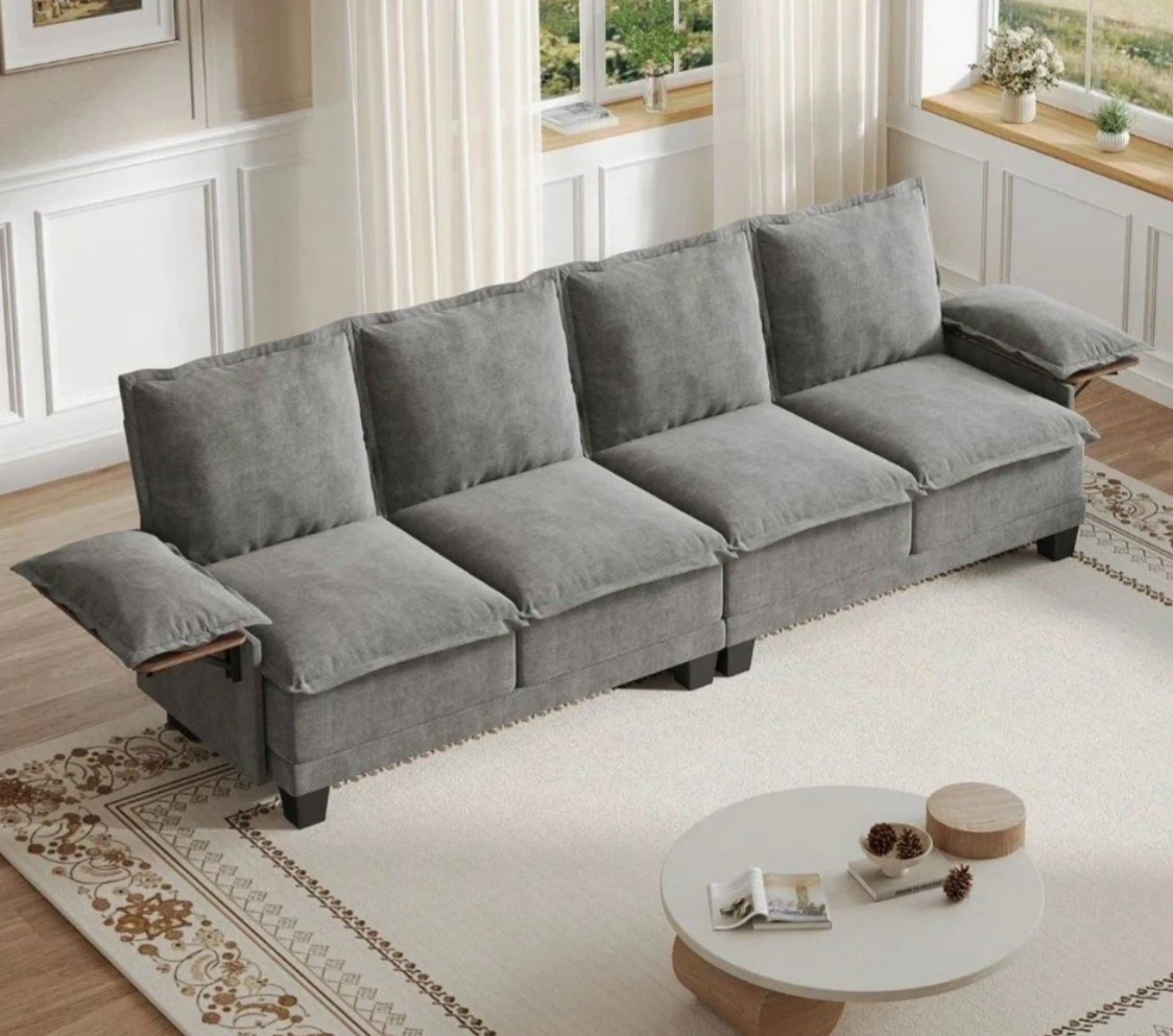 Grey Four-Seater Fabric Sofa