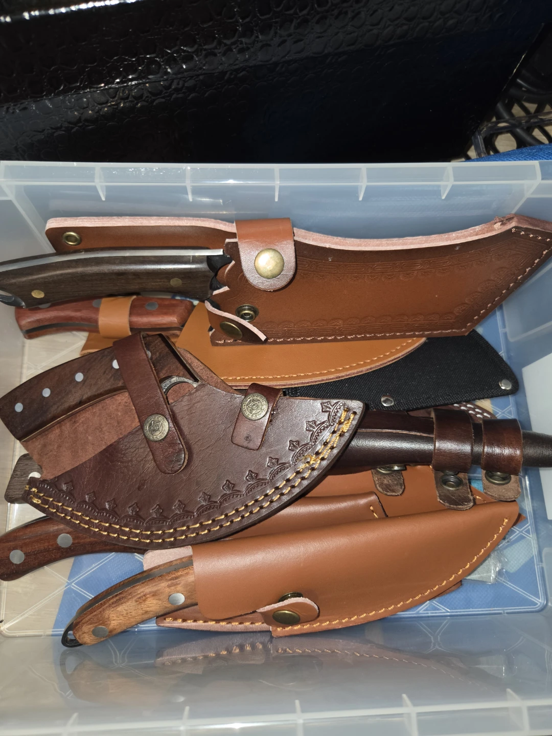 Set of Handcrafted Kitchen Knives with Leather Sheaths