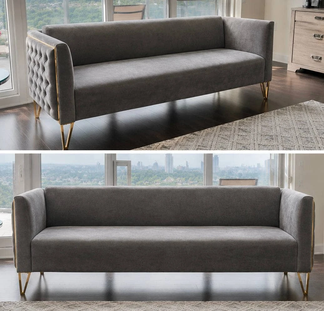 Grey Velvet Sofa with Gold Legs – 3-Seater, Like New - photo 2