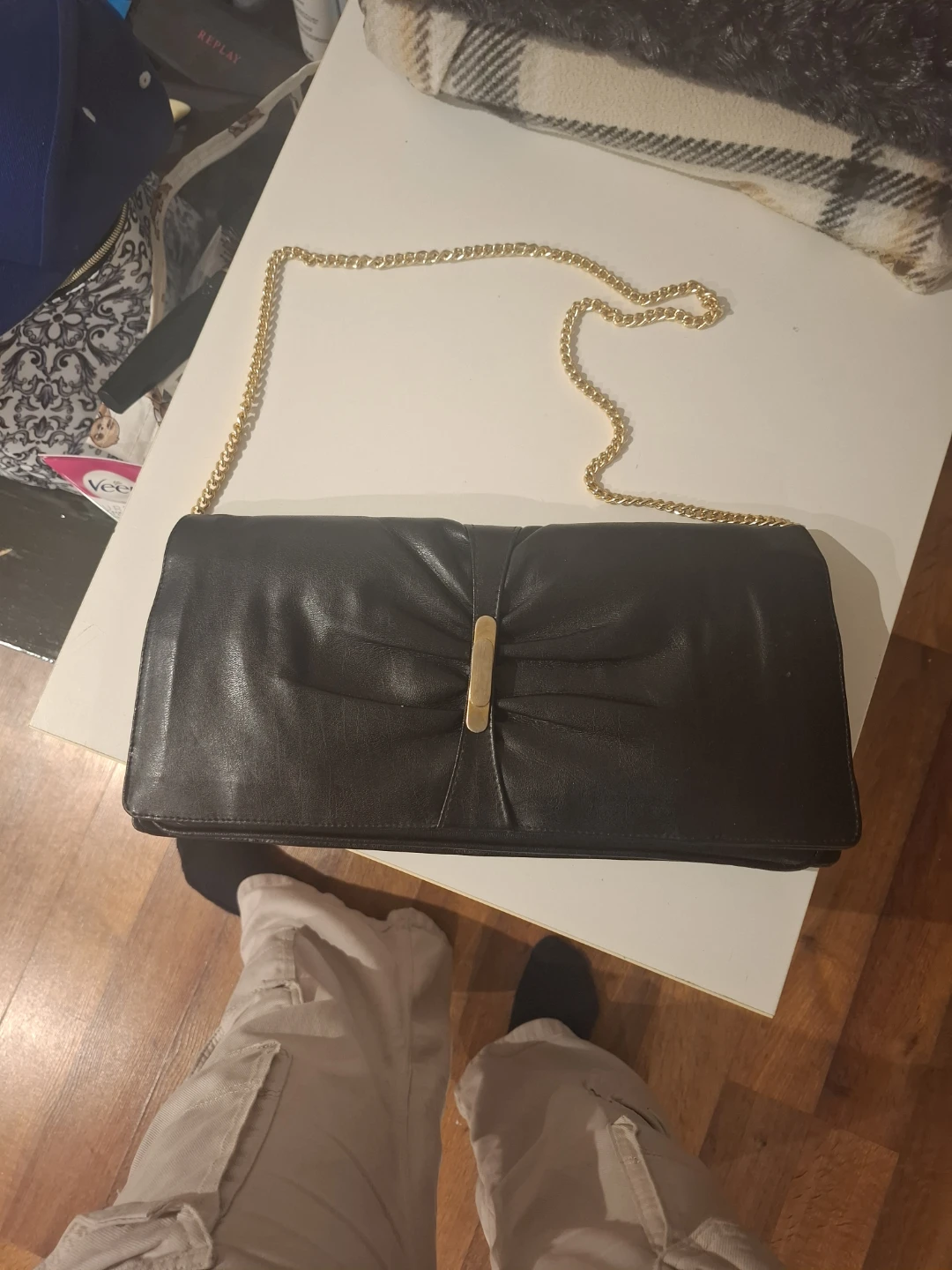 Black Leather Clutch Bag with Gold Chain