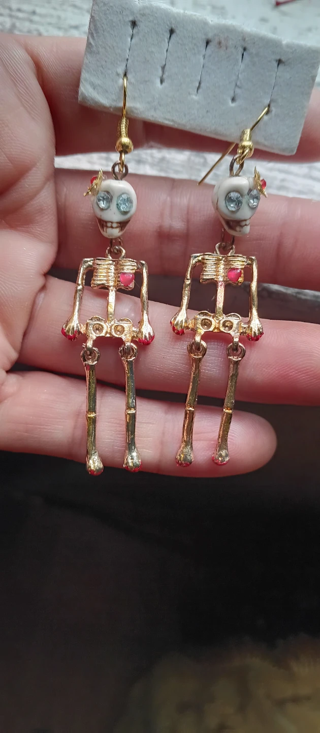 Unique Dias de los Muertos Golden skeleton dangle earrings 💀🎃👻🦇 - photo 4