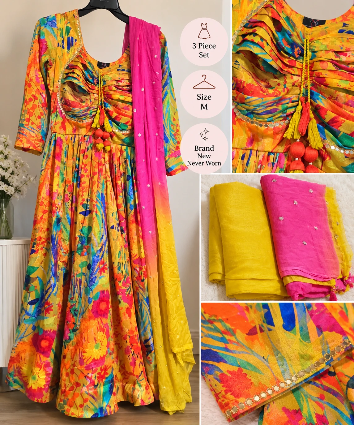 3 Piece Floral Print Ethnic Dress Set Size M