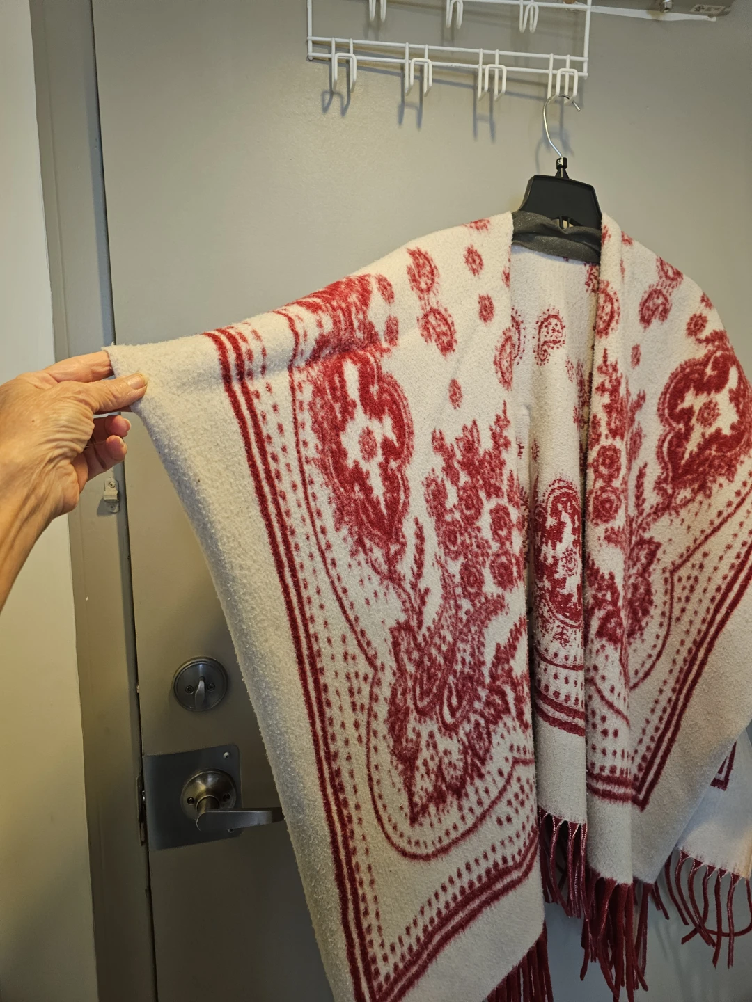 Red and White Patterned Fringed Poncho - photo 2
