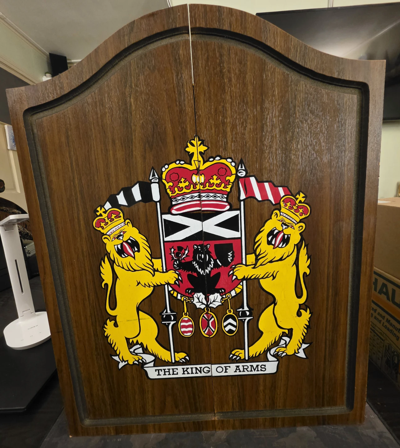 Sportcraft King of Arms Wood Cabinet with Dart Board metal darts