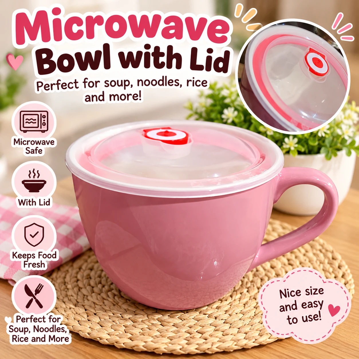 Pink Microwave-Safe Bowl with Lid