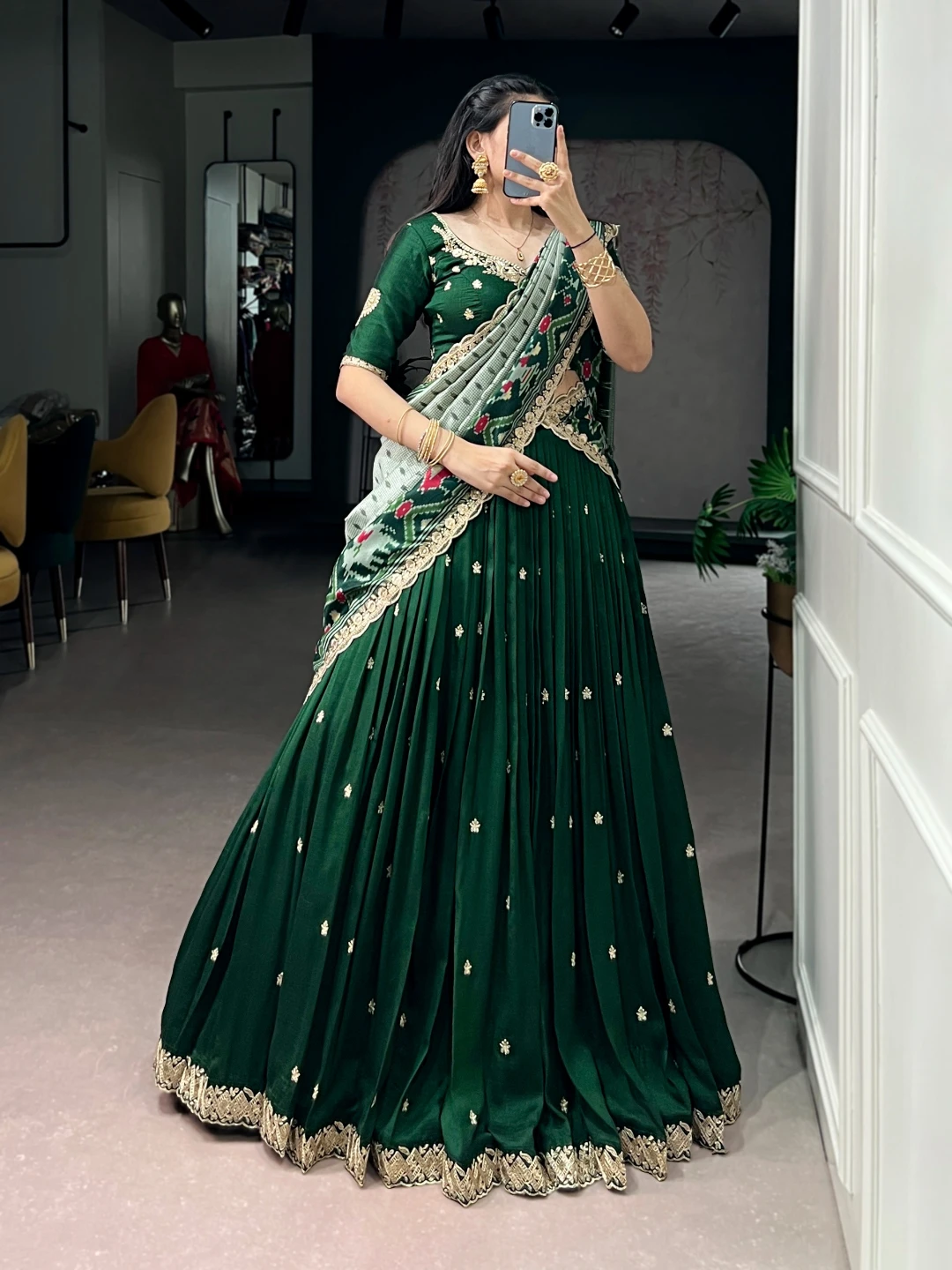 Dark Green Embroidered Lehenga Choli Set