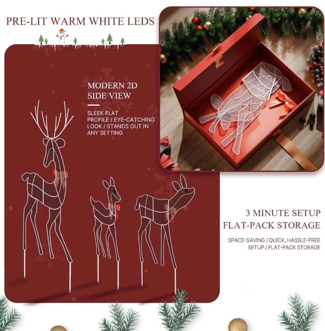 Set of 3 Pre-Lit Christmas Reindeer Yard Decorations - photo 3