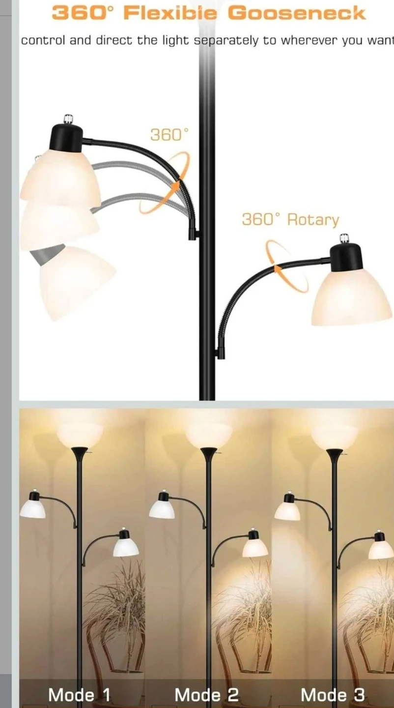 Black Torchiere Floor Lamp with 2 Adjustable Reading Lights - photo 2