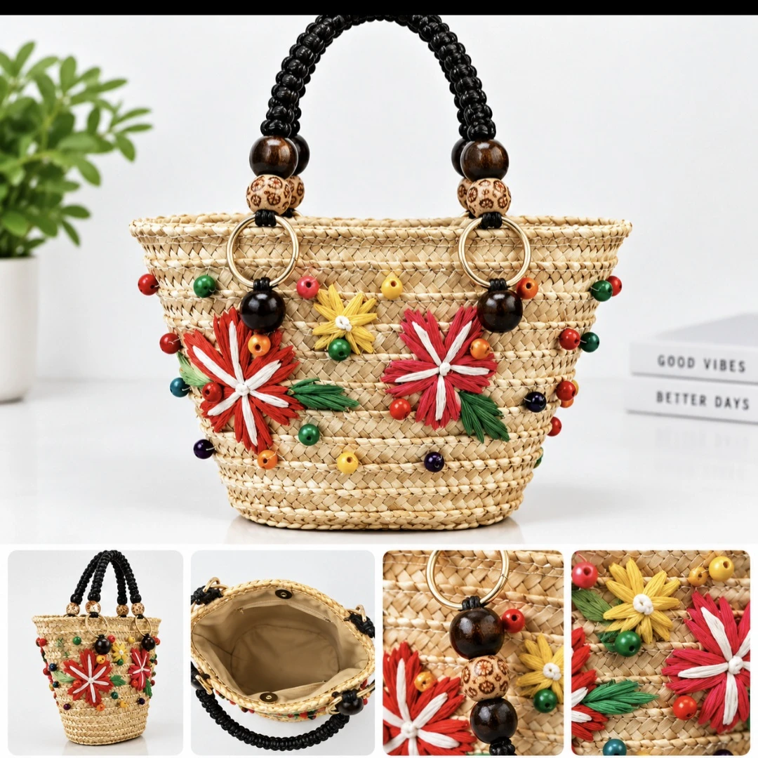 Straw Woven Floral Handbag