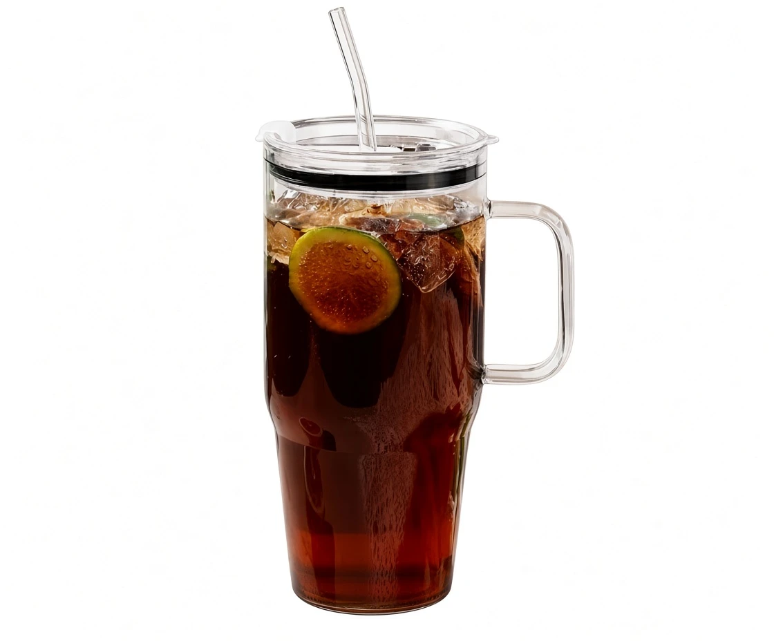 Clear Glass Tumbler with Handle and Straw