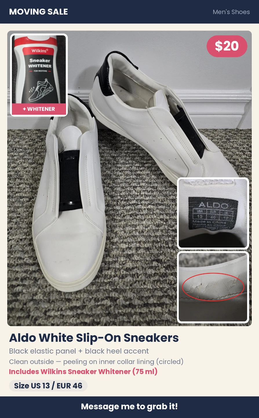 Aldo White Slip-On Sneakers Size 13