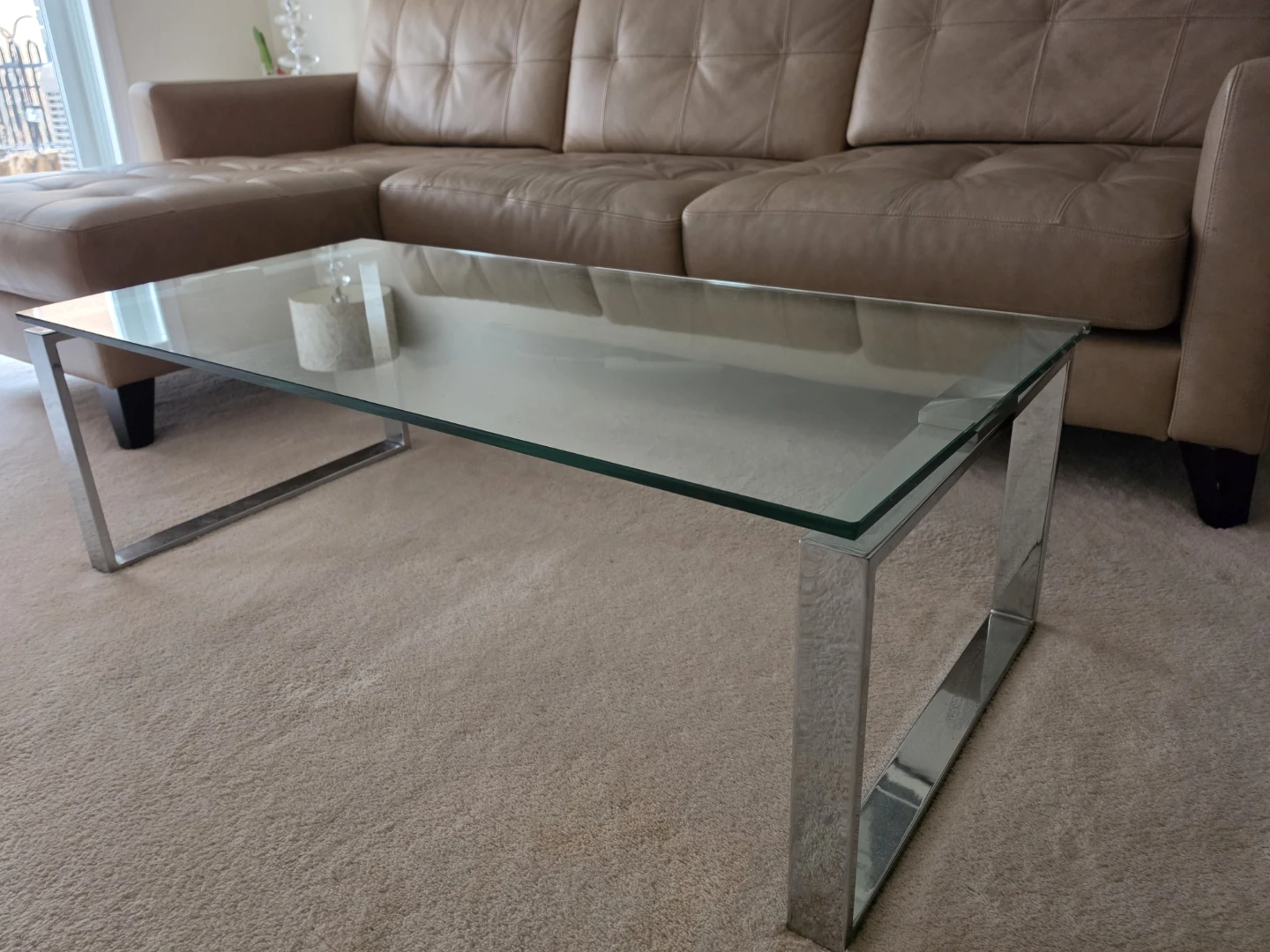 Modern sturdy glass top coffee table with polished chome legs - photo 3