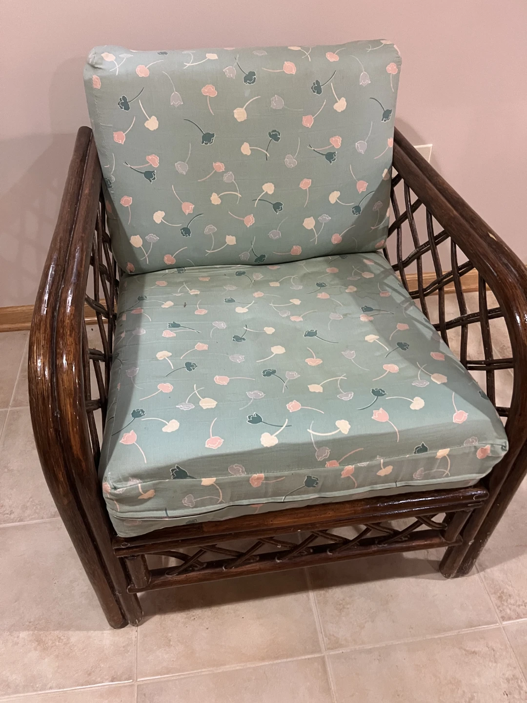 Vintage Rattan Wicker Armchair with Floral Cushions