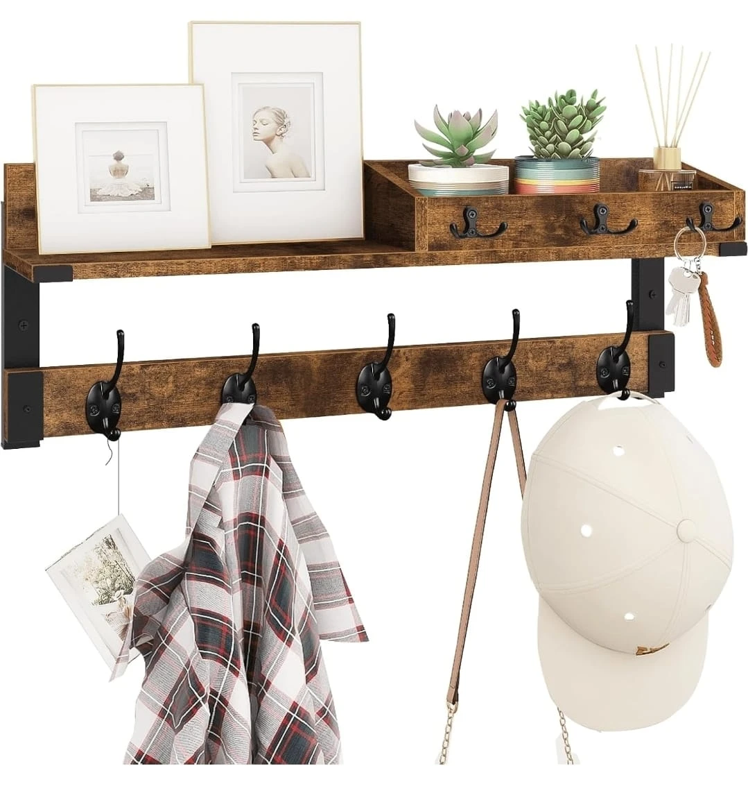 Rustic Wall Shelf with Hooks