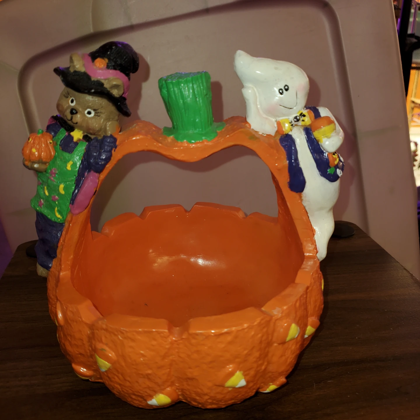 Halloween Pumpkin Candy Bowl with Ghost and Bear