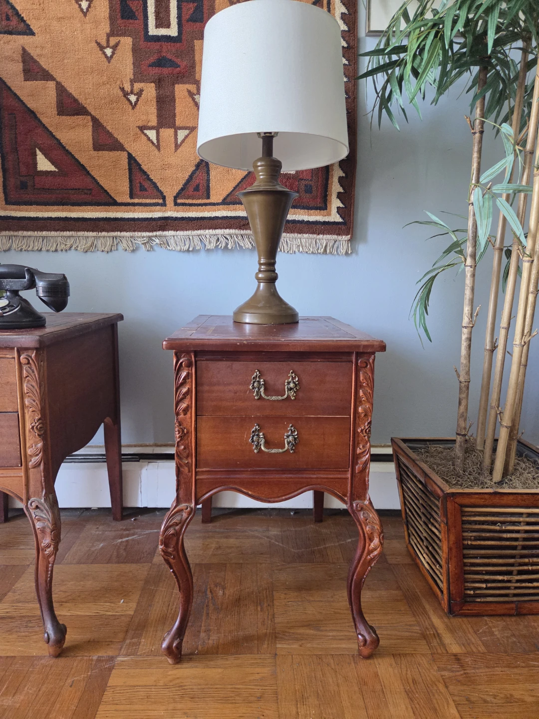 Pair of Vintage Two-Drawer Leather Bound Top Nightstands - photo 4