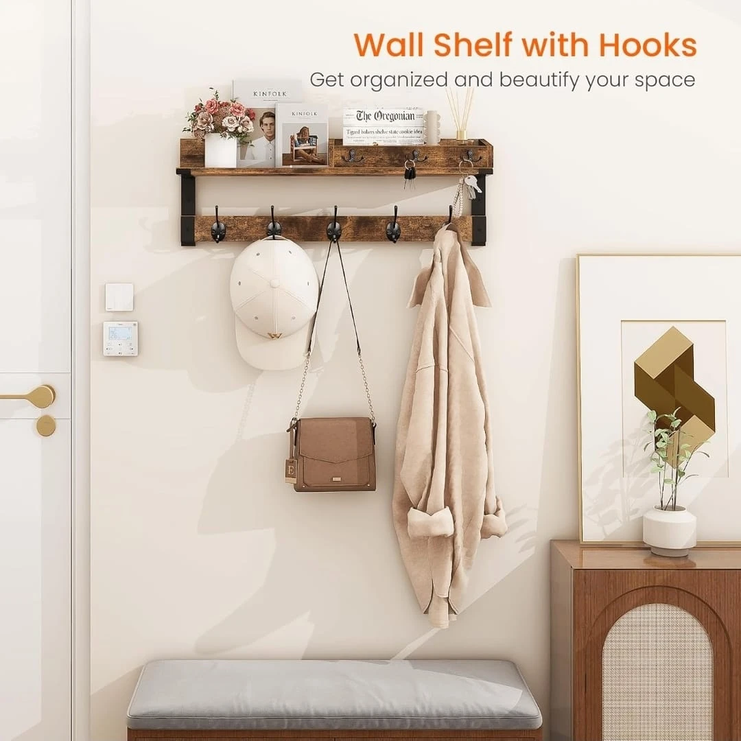 Rustic Wall Shelf with Hooks - photo 4