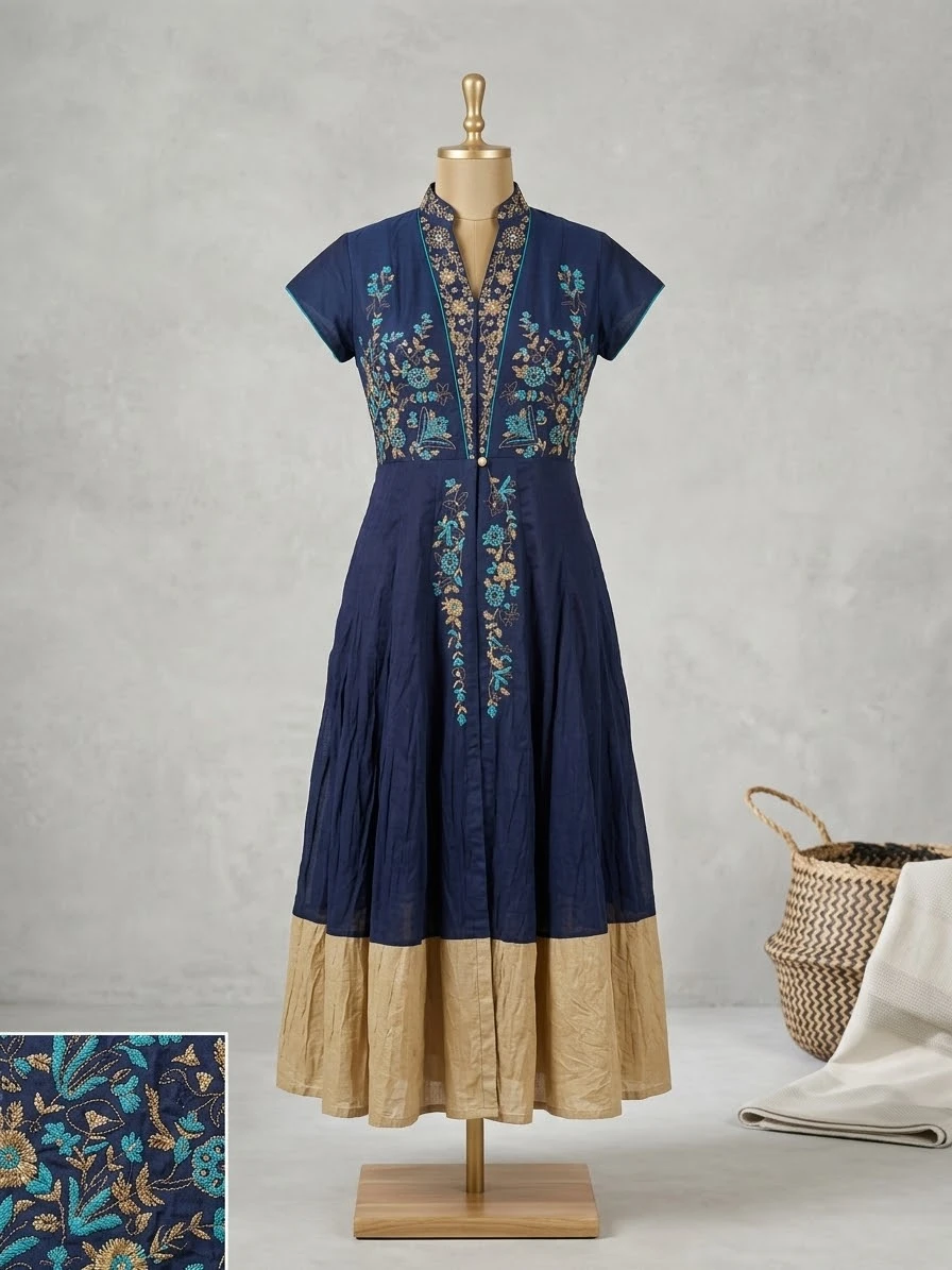 2 piece set cotton Navy Blue Embroidered Kurta Dress
