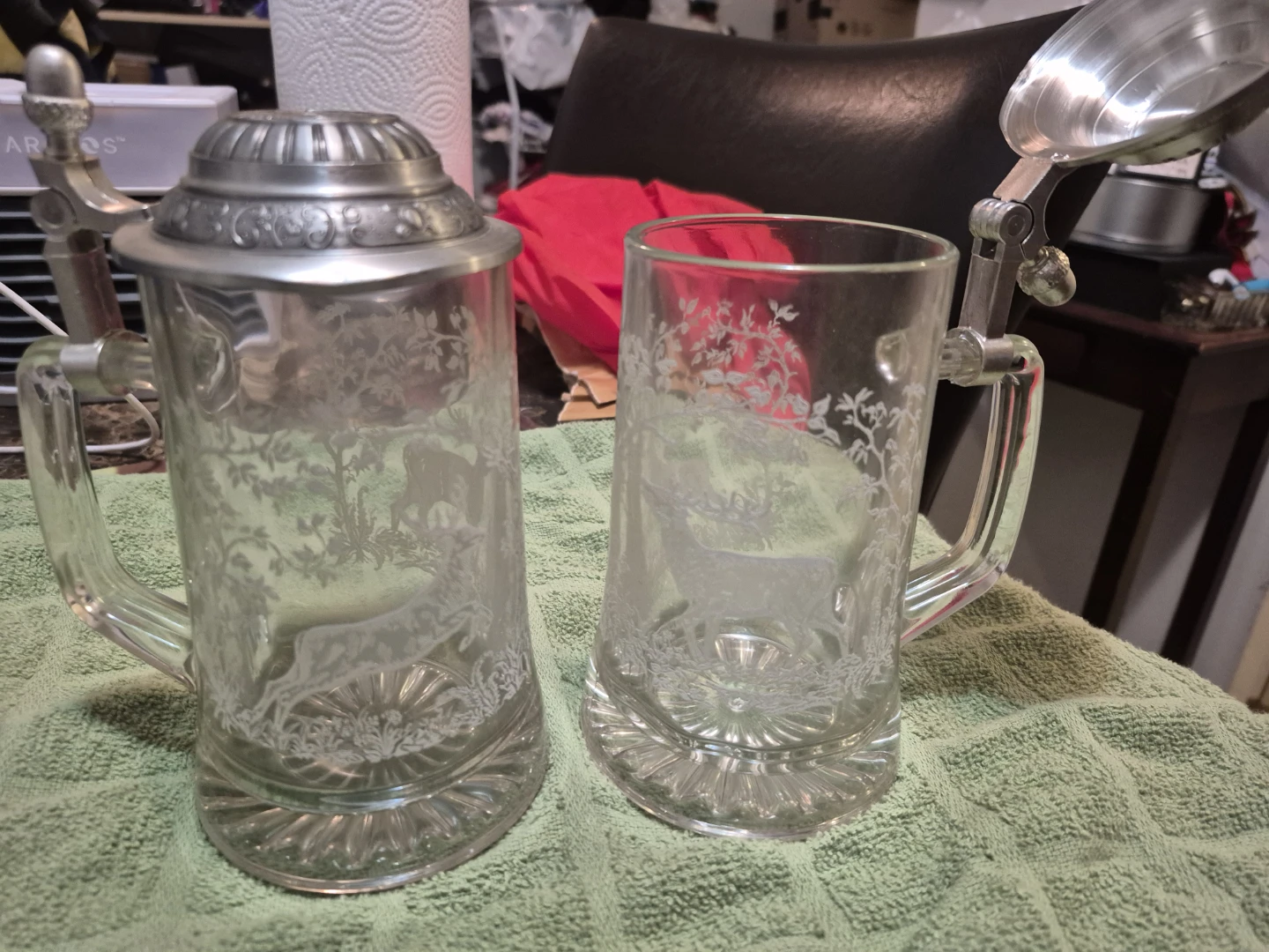 Two Vintage Glass Beer Steins with Metal Lids