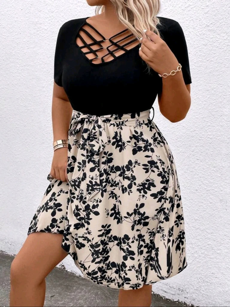 Black and Cream Floral Dress with Cutout Detail