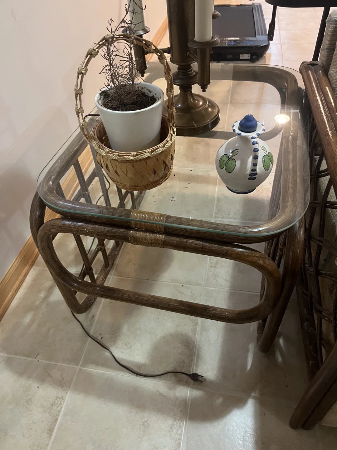 Vintage Rattan Side Table with Glass Top