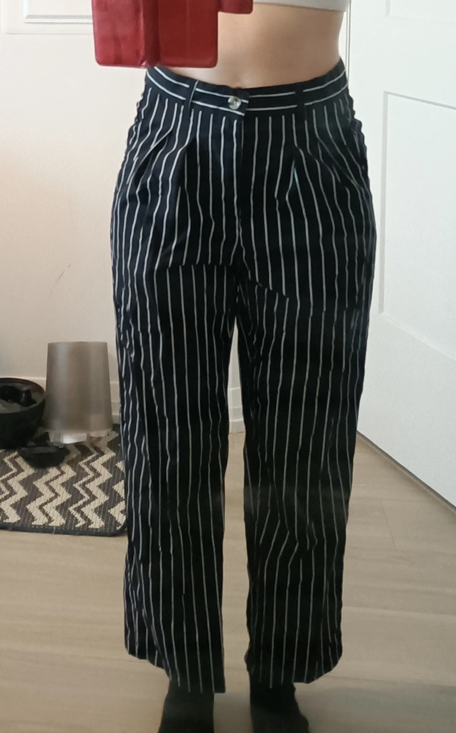 Black and white pinstripe trousers