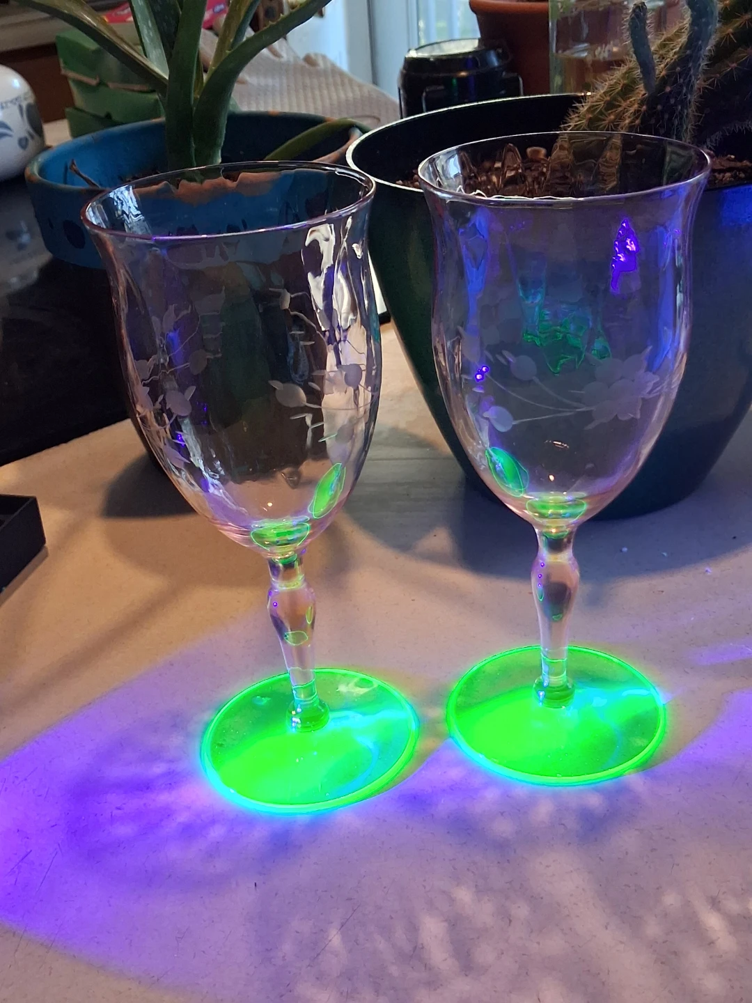 Set of 2 Vintage Weston Glass Co  Uranium Glass Wine Glasses