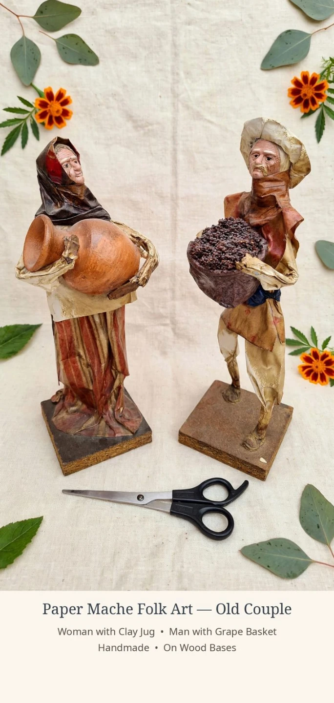Handmade Paper Mache Folk Art Old Couple Figures