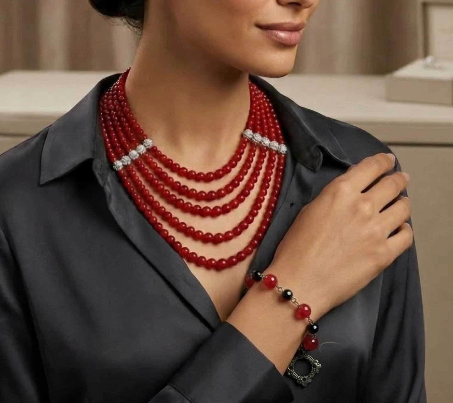 Gemstones Beaded Multi-Strand Necklace and Bracelet Set