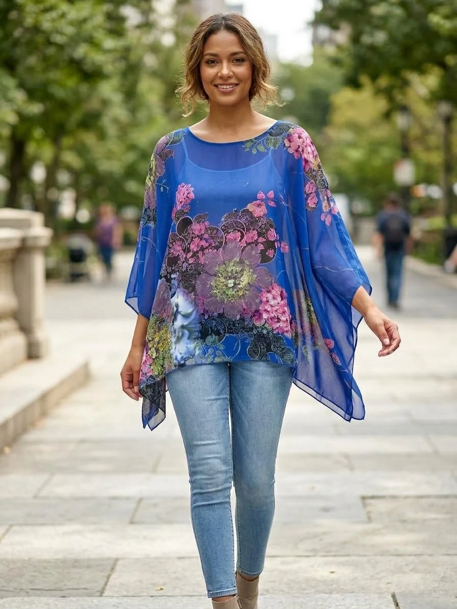 Blue Floral Chiffon Poncho Top - photo 2