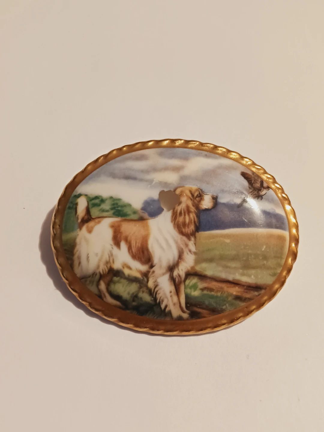 AYNSLEY FINE ENGLISH CERAMIC BROOCH Dog Scene Brooch - photo 2