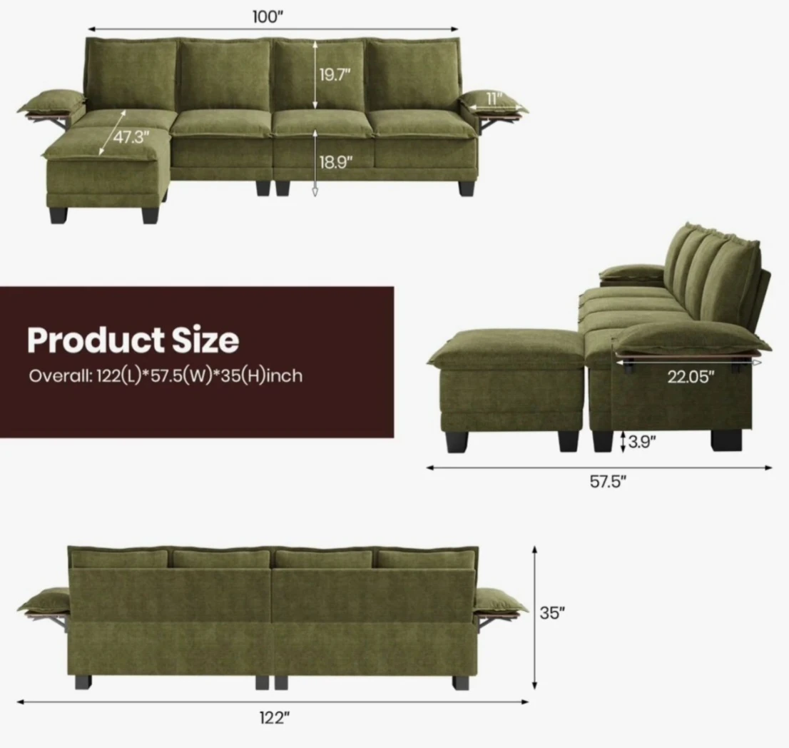 Green Sectional Sofa with Ottoman - photo 4
