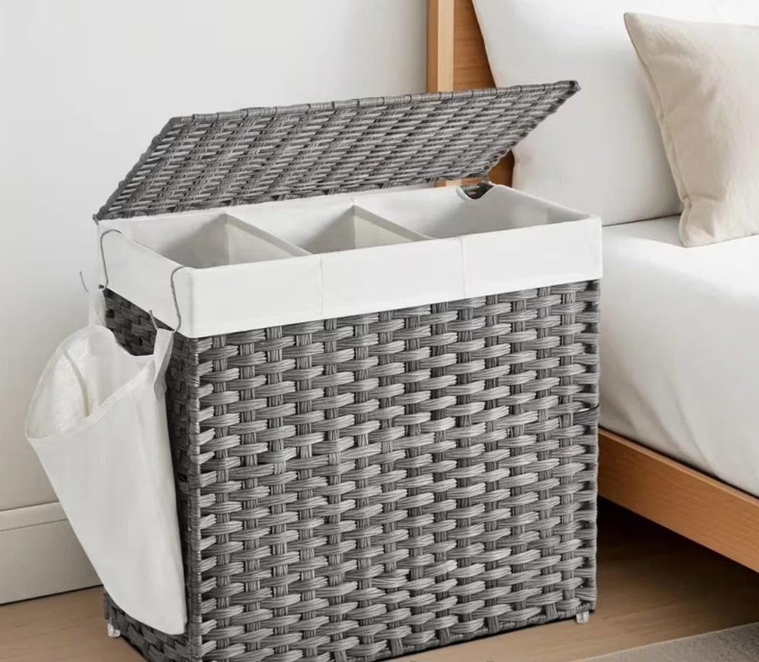 Gray Woven 3-Section Laundry Hamper