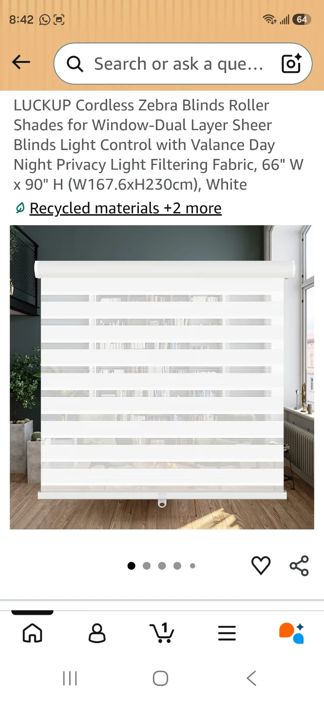 Luckup cordless zebra blind 66"x 90" white brand new. Sealed