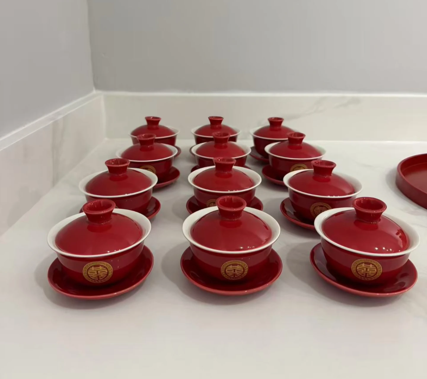 Traditional Chinese Wedding Red Ceramic Tea Set - photo 5